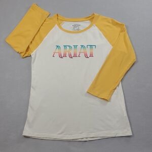 EUC Ariat Shirt Women's sz M Yellow/White Logo Baseball Style 3/4 Sleeve Shirt